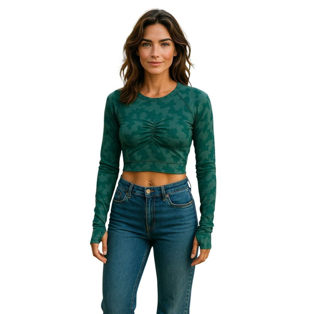 Shein Top Women  Size  S Green Long Sleeve Crop  Round Neck  #96